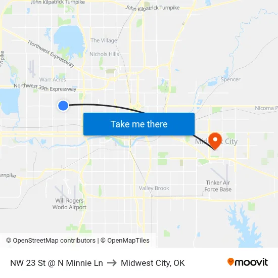 NW 23 St @ N Minnie Ln to Midwest City, OK map