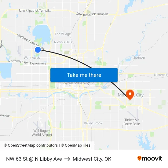 NW 63 St @ N Libby Ave to Midwest City, OK map