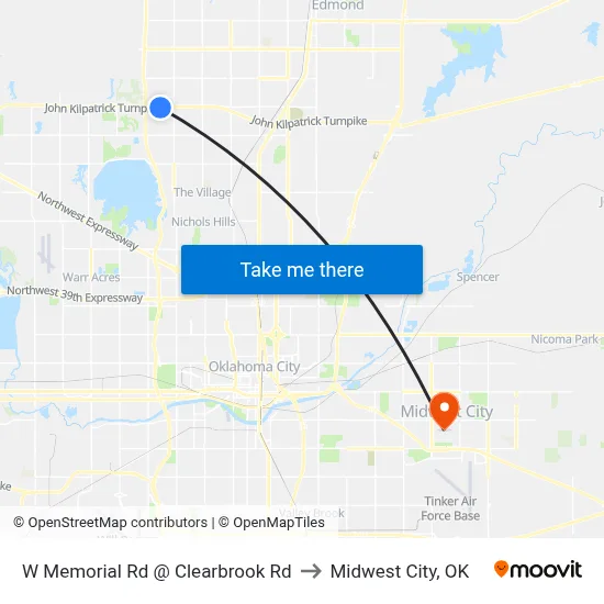 W Memorial Rd @ Clearbrook Rd to Midwest City, OK map