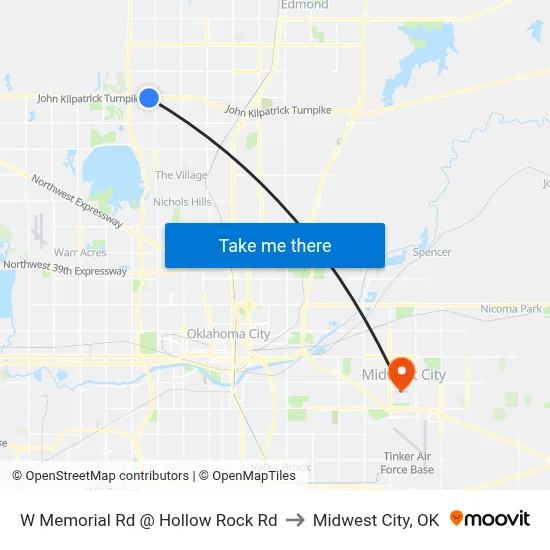 W Memorial Rd @ Hollow Rock Rd to Midwest City, OK map
