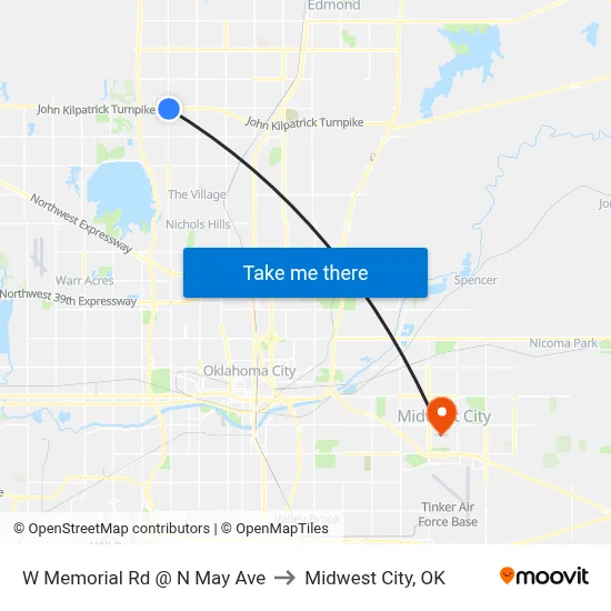 W Memorial Rd @ N May Ave to Midwest City, OK map
