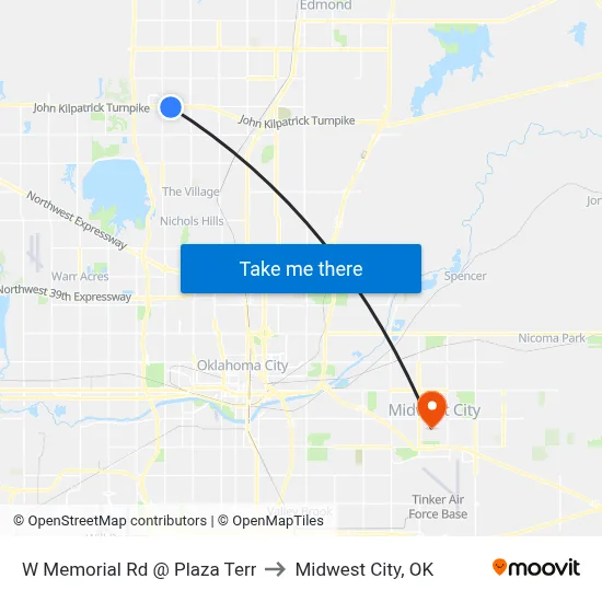 W Memorial Rd @ Plaza Terr to Midwest City, OK map