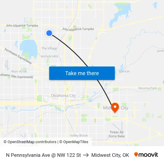 N Pennsylvania Ave @ NW 122 St to Midwest City, OK map