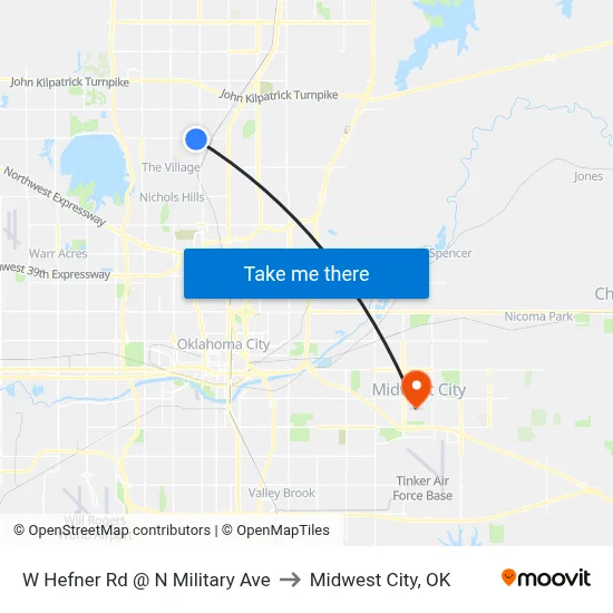 W Hefner Rd @ N Military Ave to Midwest City, OK map