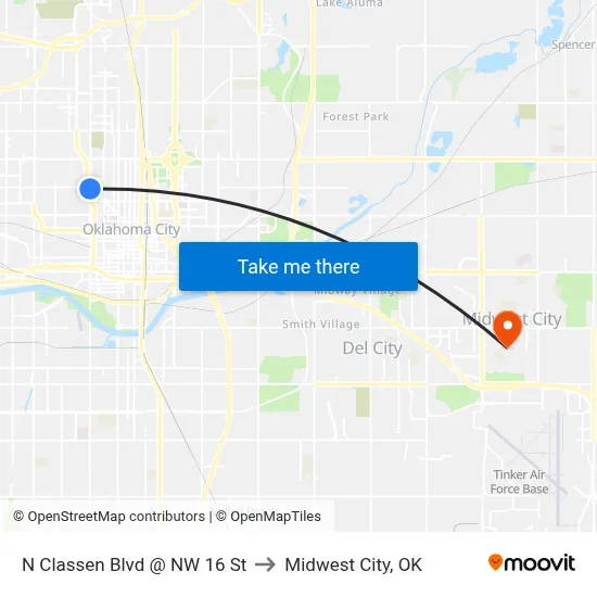 N Classen Blvd @ NW 16 St to Midwest City, OK map