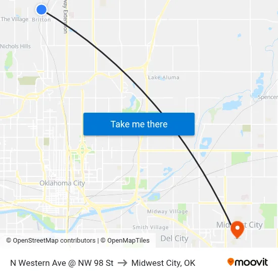 N Western Ave @ NW 98 St to Midwest City, OK map