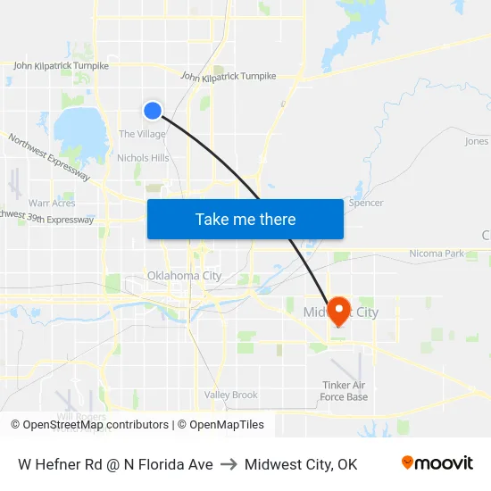 W Hefner Rd @ N Florida Ave to Midwest City, OK map