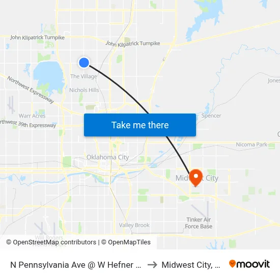 N Pennsylvania Ave @ W Hefner Rd to Midwest City, OK map