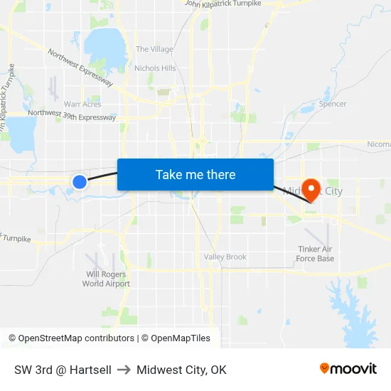 SW 3rd @ Hartsell to Midwest City, OK map