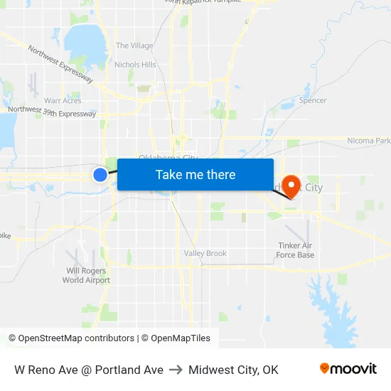 W Reno Ave @ Portland Ave to Midwest City, OK map
