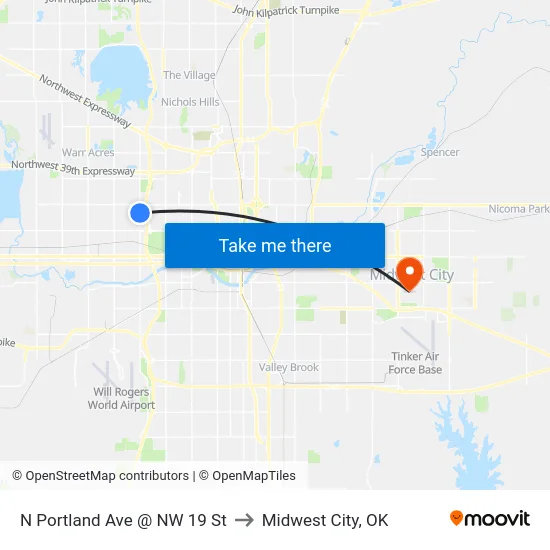 N Portland Ave @ NW 19 St to Midwest City, OK map