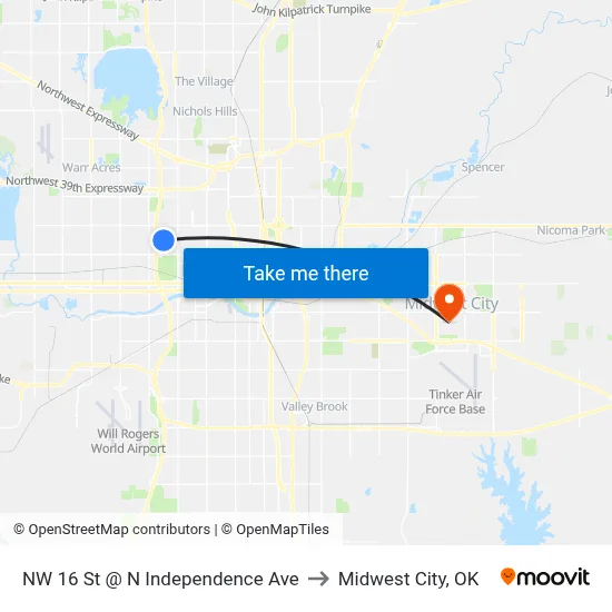 NW 16 St @ N Independence Ave to Midwest City, OK map