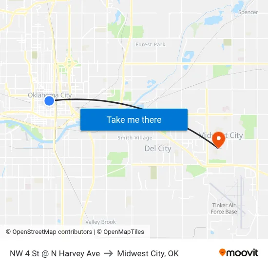 NW 4 St @ N Harvey Ave to Midwest City, OK map