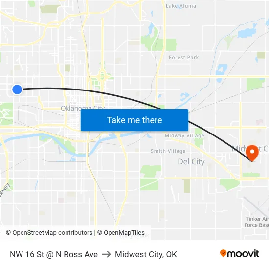 NW 16 St @ N Ross Ave to Midwest City, OK map
