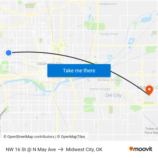 NW 16 St @ N May Ave to Midwest City, OK map