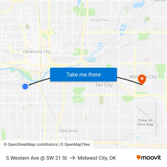S Western Ave @ SW 21 St to Midwest City, OK map