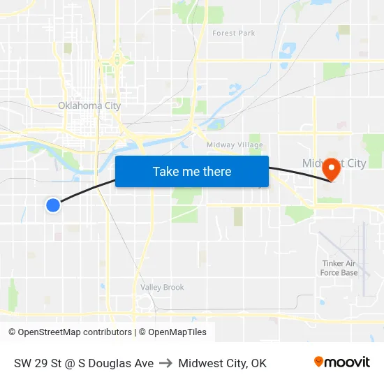 SW 29 St @ S Douglas Ave to Midwest City, OK map
