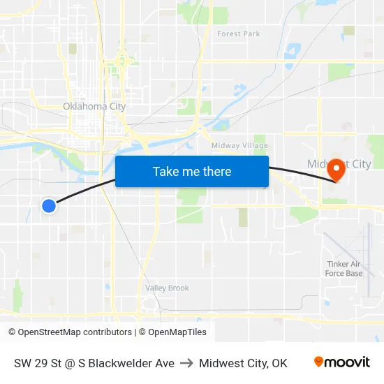 SW 29 St @ S Blackwelder Ave to Midwest City, OK map