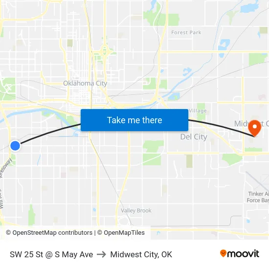 SW 25 St @ S May Ave to Midwest City, OK map