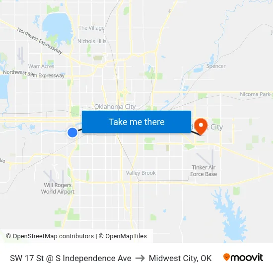 SW 17 St @ S Independence Ave to Midwest City, OK map