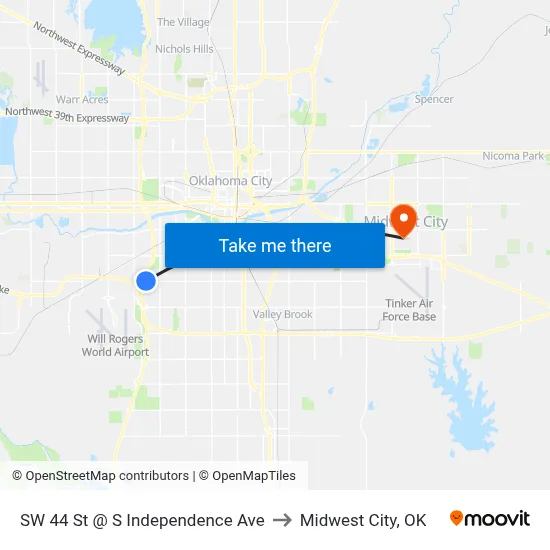 SW 44 St @ S Independence Ave to Midwest City, OK map