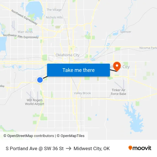 S Portland Ave @ SW 36 St to Midwest City, OK map