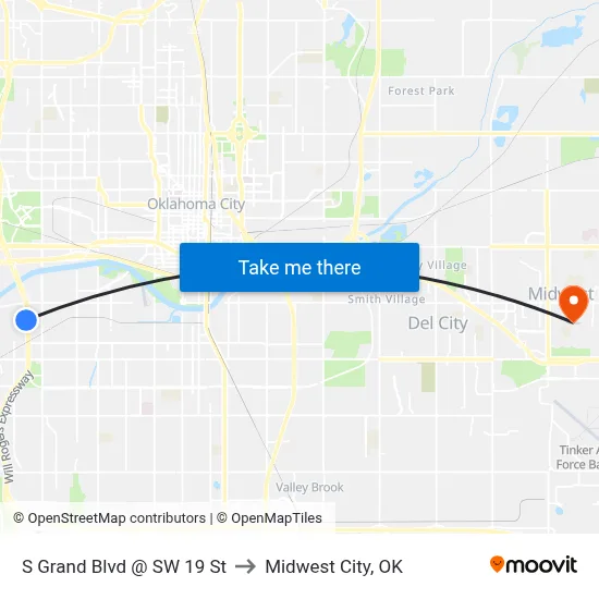 S Grand Blvd @ SW 19 St to Midwest City, OK map