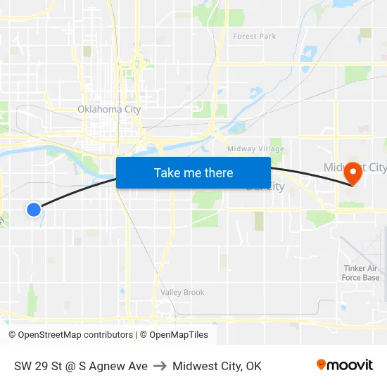 SW 29 St @ S Agnew Ave to Midwest City, OK map