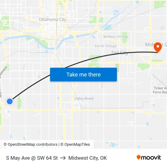 S May Ave @ SW 64 St to Midwest City, OK map
