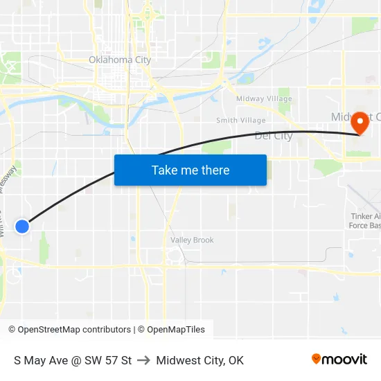 S May Ave @ SW 57 St to Midwest City, OK map