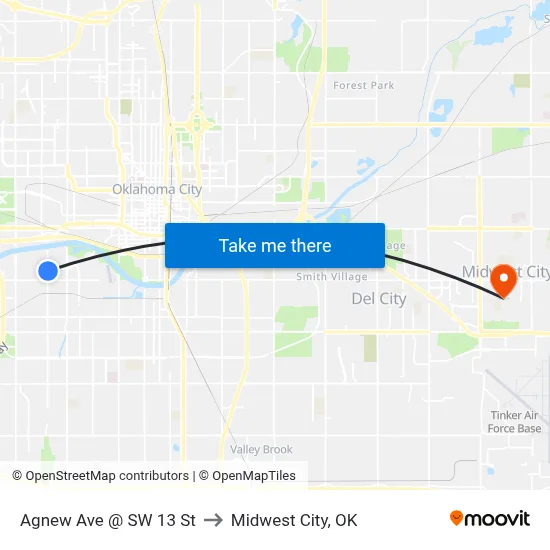 Agnew Ave @ SW 13 St to Midwest City, OK map
