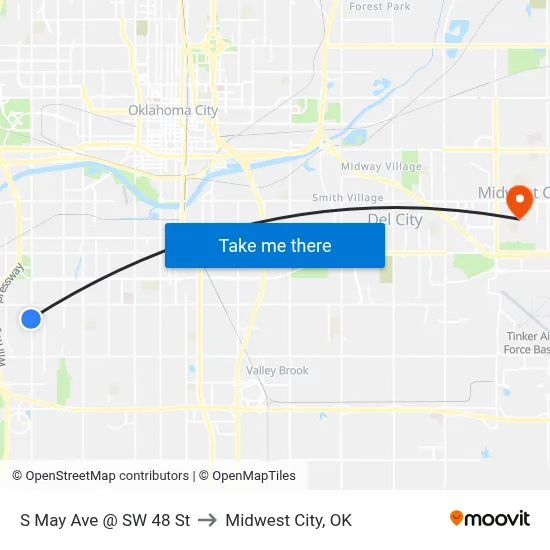 S May Ave @ SW 48 St to Midwest City, OK map
