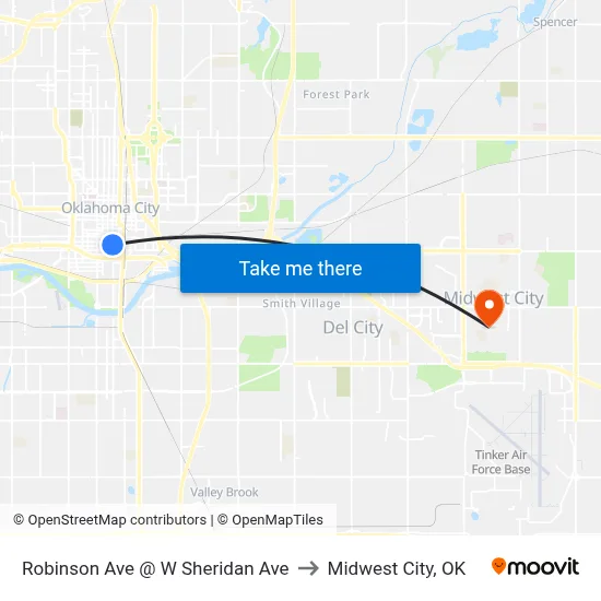 Robinson Ave @ W Sheridan Ave to Midwest City, OK map