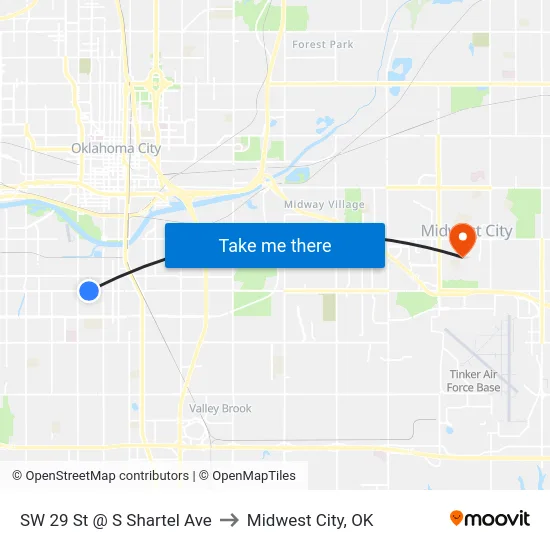 SW 29 St @ S Shartel Ave to Midwest City, OK map