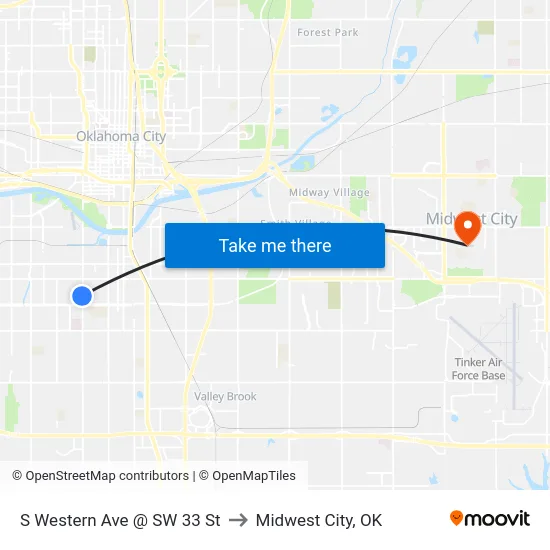 S Western Ave @ SW 33 St to Midwest City, OK map