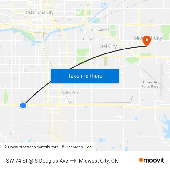 SW 74 St @ S Douglas Ave to Midwest City, OK map