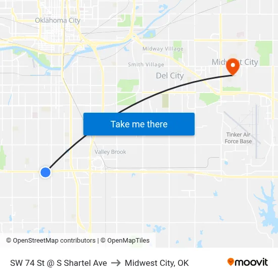 SW 74 St @ S Shartel Ave to Midwest City, OK map