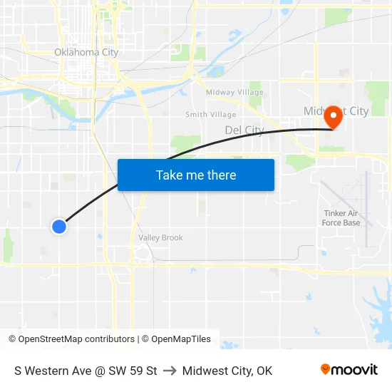 S Western Ave @ SW 59 St to Midwest City, OK map