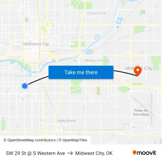 SW 29 St @ S Western Ave to Midwest City, OK map