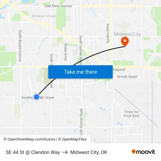 SE 44 St @ Clendon Way to Midwest City, OK map