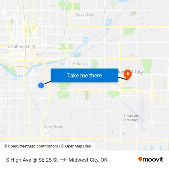 S High Ave @ SE 25 St to Midwest City, OK map