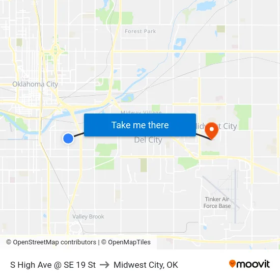 S High Ave @ SE 19 St to Midwest City, OK map