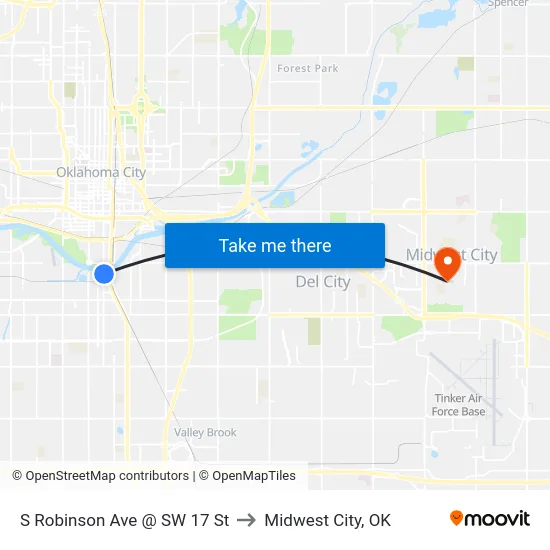 S Robinson Ave @ SW 17 St to Midwest City, OK map