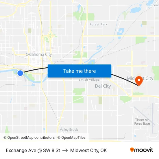 Exchange Ave @ SW 8 St to Midwest City, OK map