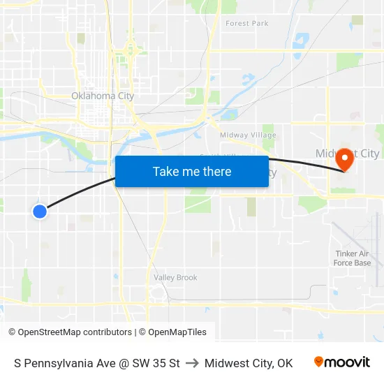 S Pennsylvania Ave @ SW 35 St to Midwest City, OK map