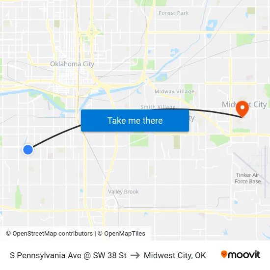 S Pennsylvania Ave @ SW 38 St to Midwest City, OK map
