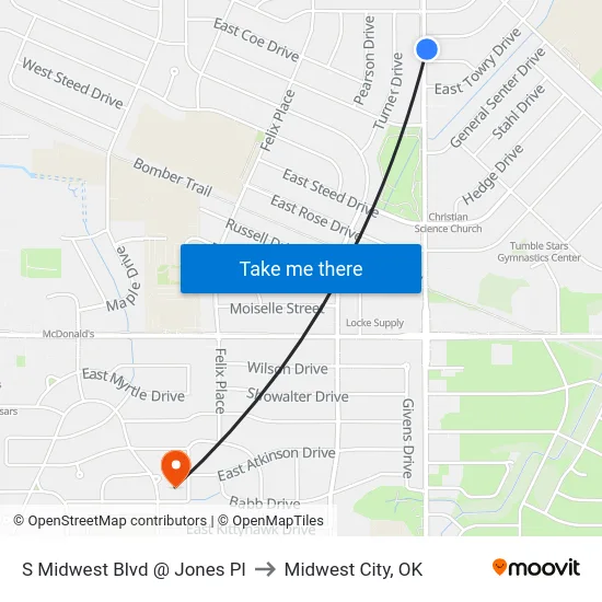 S Midwest Blvd @ Jones Pl to Midwest City, OK map