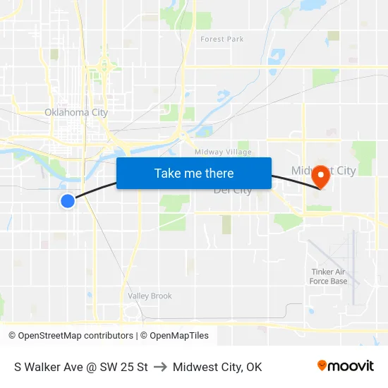 S Walker Ave @ SW 25 St to Midwest City, OK map