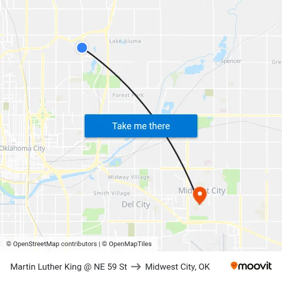 Martin Luther King @ NE 59 St to Midwest City, OK map