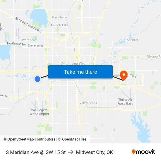 S Meridian Ave @ SW 15 St to Midwest City, OK map